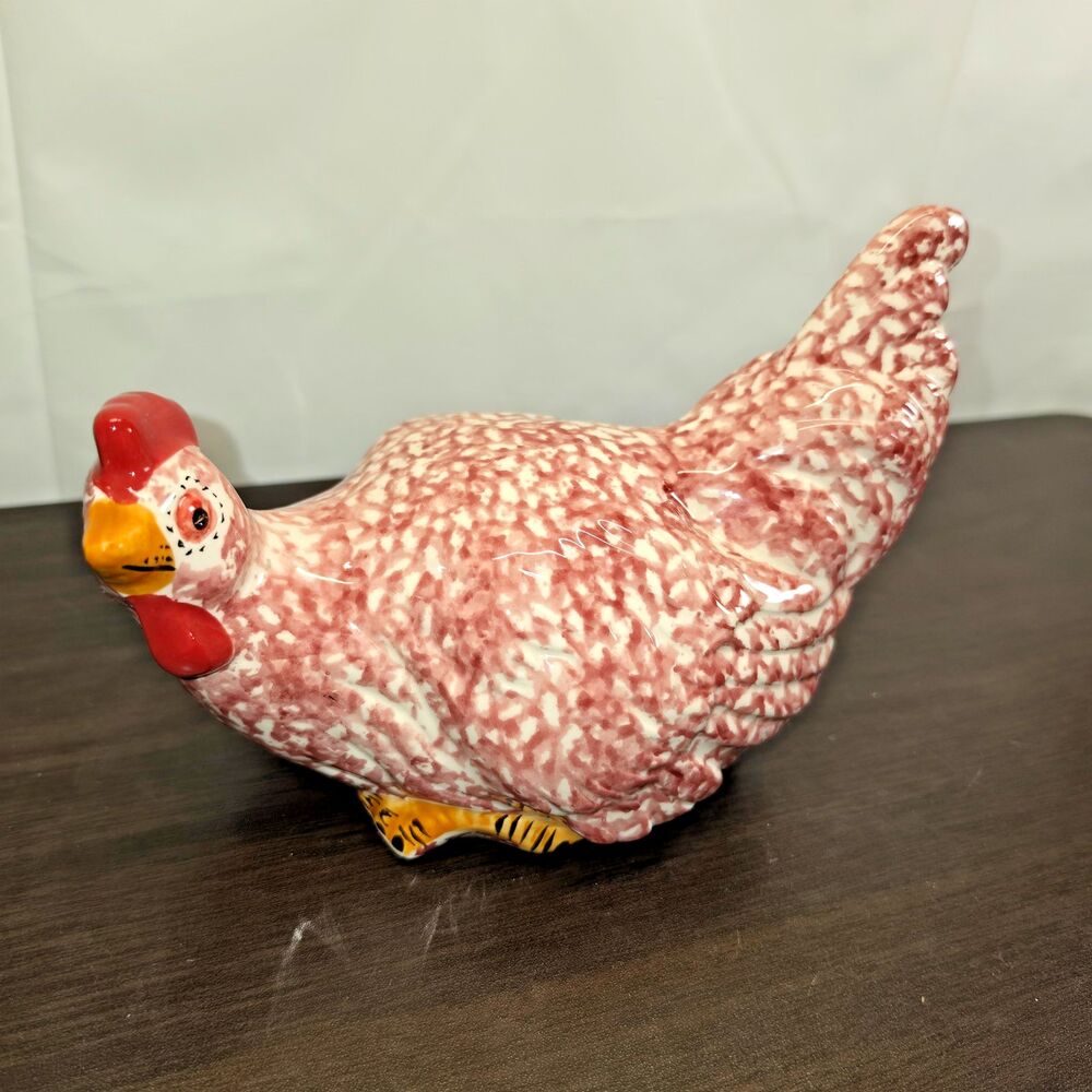 La Dolce Vita Red Spongeware Chicken Hen Ceramic Farmhouse Kitchen Decor